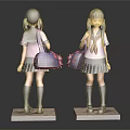 Realistic Schoolgirl Statues In Uniform With Backpack Purple Socks Front Back Views On Pedestals