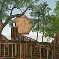 Honeycomb Shaped Wooden House Surrounded by Trees with Wooden Stairs and Railings