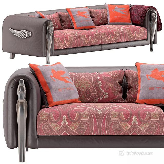 Traditional Two-Seater Sofa With Red Gray Paisley Pattern Cushions And Leather Armrests 3d model 