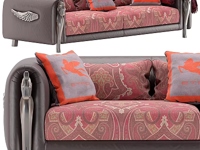 Traditional Two-Seater Sofa With Red Gray Paisley Pattern Cushions And Leather Armrests 3d model