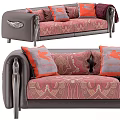 Traditional Two-Seater Sofa With Red Gray Paisley Pattern Cushions And Leather Armrests