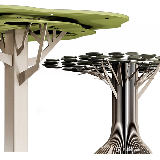 Modern Tree Like Columns With Green Circular Canopy And Striped Design 3d model 