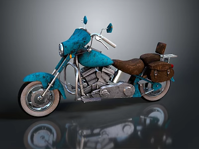 Vintage Blue Motorcycle With Brown Leather Seat Silver Frame Side Saddle Bags Reflective Surface 3d model