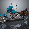 Vintage Blue Motorcycle With Brown Leather Seat Silver Frame Side Saddle Bags Reflective Surface