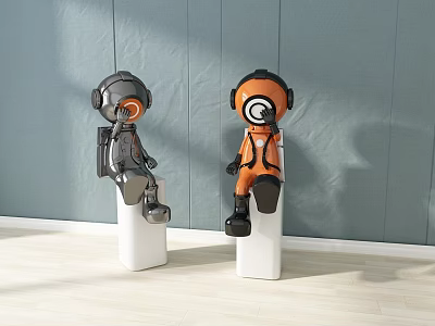 Two Astronaut Style Toy Figures On White Pedestals By Light Blue Wall 3d model