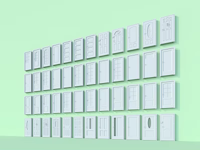 Multiple White Swing Doors With Various Styles Neatly Arranged On Light Green Background Wall 3d model