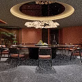 Elegant Modern Private Dining Room With Round Table Chandelier Brown Walls And Sofa
