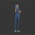 Healthcare Worker In Blue Uniform Wearing Protective Mask And Gloves Full Body View