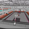 Indoor Basketball Court Interior With Red Bleacher Seats Gray Pink Floor And Metal Roof Structure