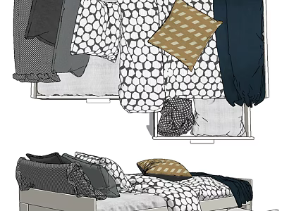 Single Bed with Black and White Polka Dot Quilt and Brown Patterned Pillows 3d model