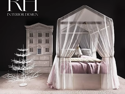 Cozy Modern Kids Bed With White Canopy Pink Bedding And Tree Decor 3d model