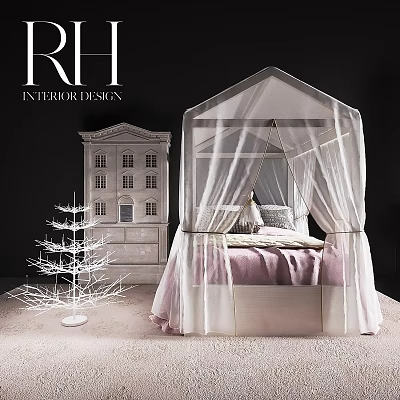 Cozy Modern Kids Bed With White Canopy Pink Bedding And Tree Decor 3d model