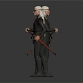 Character With White Long Hair Dark Uniform Belt And Red Staff Front Back Standing Views