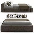 Modern Double Bed With Upholstered Frame Plush Pillows And Fringed Blanket 3d model