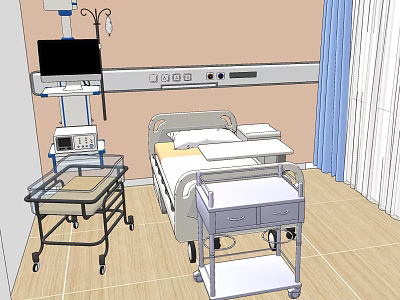 Medical Equipment Setup in Hospital Ward with Hospital Bed Monitor and Trolleys 3d model