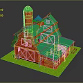Cartoon Barn Scene With Red Walls Green Roof Chimney Wooden Doors And Green Grass