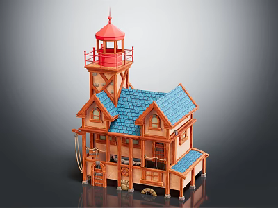 Cartoon Scene Featuring Charming Multi Story Wooden House With Red Lighthouse And Blue Roof 3d model