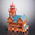 Cartoon Scene Featuring Charming Multi Story Wooden House With Red Lighthouse And Blue Roof