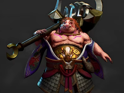 Pig Faced Muscular Warrior Creature With Large Weapon And Purple Gold Armor 3d model