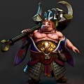 Pig Faced Muscular Warrior Creature With Large Weapon And Purple Gold Armor