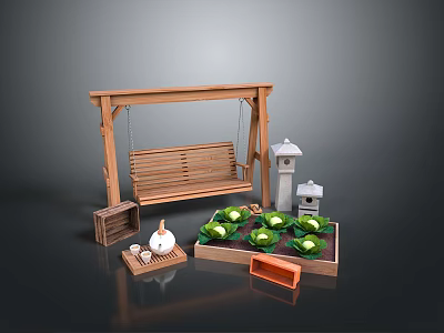 Outdoor Garden Decor With Wooden Swing Plant Pots Lantern And Crates 3d model