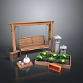 Outdoor Garden Decor With Wooden Swing Plant Pots Lantern And Crates