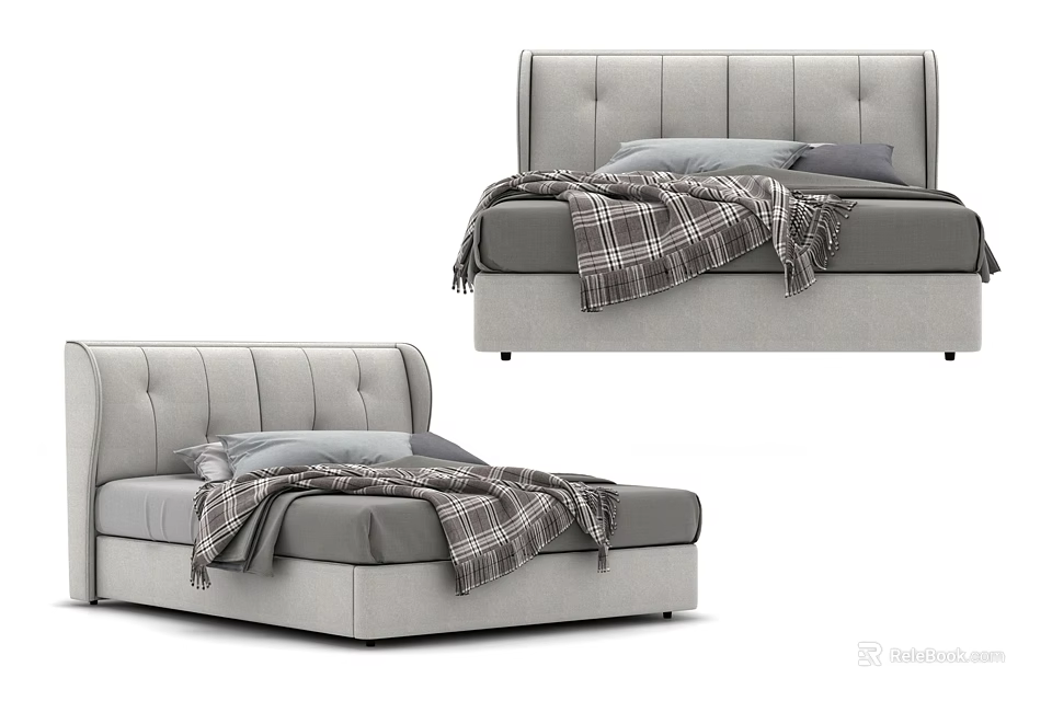 Modern Double Bed With Upholstered Headboard Gray Bedding And Plaid Blanket 3d model