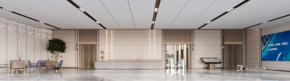 Modern Hotel Lobby Interior With Marble Reception Desk Lighting Plants And Glass Doors 3d model 