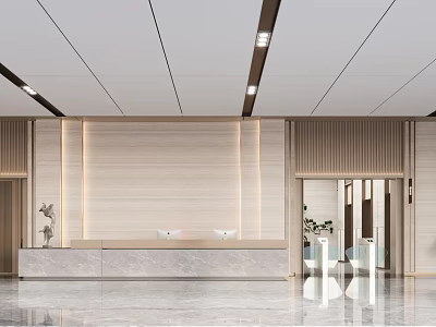 Modern Hotel Lobby Interior With Marble Reception Desk Lighting Plants And Glass Doors 3d model