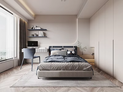Modern Bedroom Interior Design With White Wardrobes Desk Chair Window Bookshelf Rug And Cozy Bedding 3d model