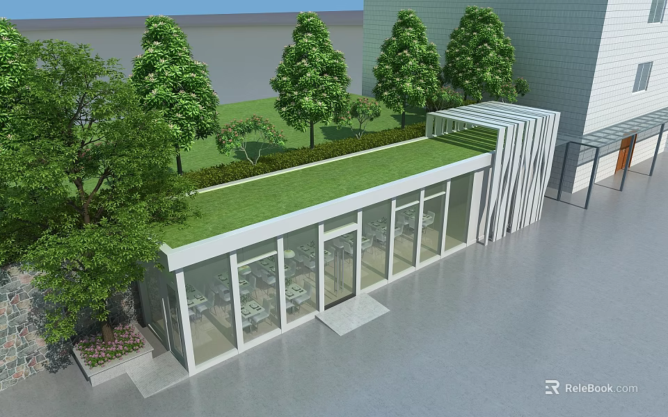 Modern Building With Green Roof And Glass Windows Surrounded By Trees And Lawn 3d model 