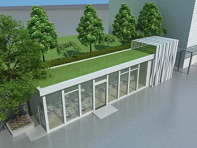 Modern Building With Green Roof And Glass Windows Surrounded By Trees And Lawn 3d model