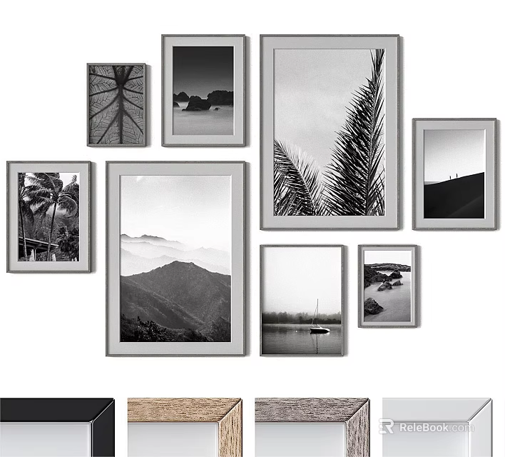 Black And White Landscape Paintings With Mountain Tree Seaside Natural Scenery Collection 3d model 