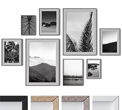 Black And White Landscape Paintings With Mountain Tree Seaside Natural Scenery Collection 3d model