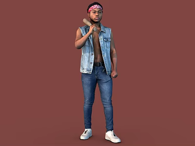 Man Wearing Denim Vest Black T-shirt Blue Jeans White Sneakers Bandana With Baseball Bat Against Brown 3d model