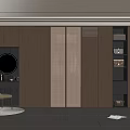 Modern Minimalist Wardrobe Interior With Round Mirror Open Shelves And Chair