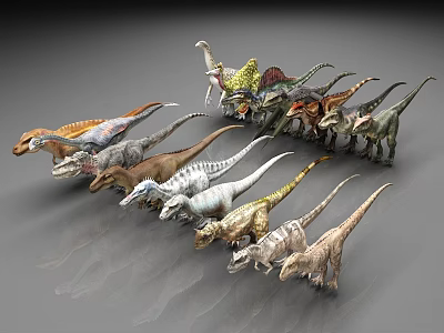 Various Dinosaur Models In Different Colors Arranged For 3d model