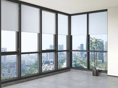 Modern Interior With Floor to Ceiling Windows City View And Potted Plant 3d model