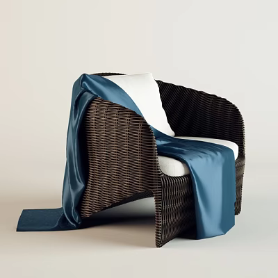 Dark Brown Rattan Leisure Chair With White Cushion And Blue Silk Blanket 3d model