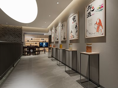 Chinese Style Hotpot Restaurant Corridor With Decorative Paintings Display Stands And Warm Lighting 3d model