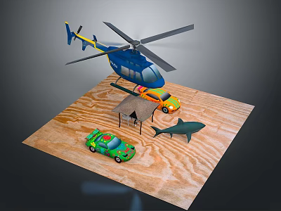 Toy Scene with Blue Helicopter Colorful Cars Small Tent and Shark Model on Wooden Board 3d model