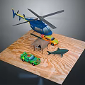 Toy Scene with Blue Helicopter Colorful Cars Small Tent and Shark Model on Wooden Board