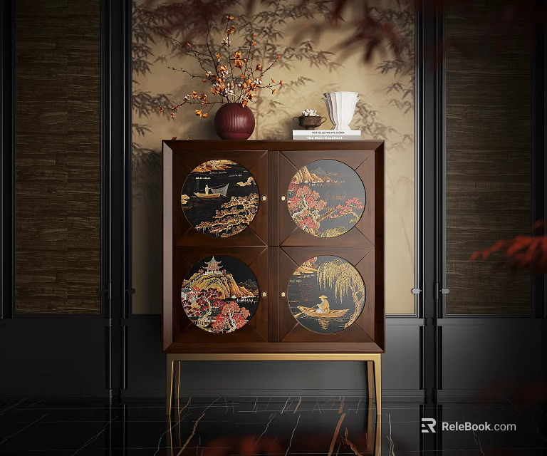 Chinese Style Entryway Side Cabinet With Decorative Landscape Panels Wooden Body And Golden Legs 3d model 