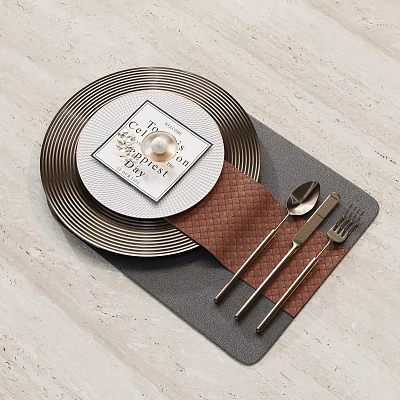 Cozy Dinnerware Set with Black Plate White Card Brown Woven Placemat and Silver Cutlery 3d model