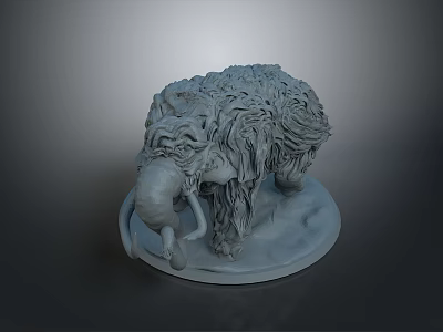 Gray 3D Mammoth Sculpture With Long Fur Curved Tusks And Round Base 3d model