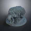 Gray 3D Mammoth Sculpture With Long Fur Curved Tusks And Round Base