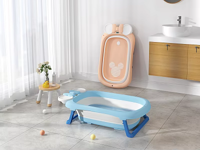 Blue Baby Bathtub With Foldable Pink Ear Shaped Backrest Colorful Balls Sink And Wooden Cabinet 3d model