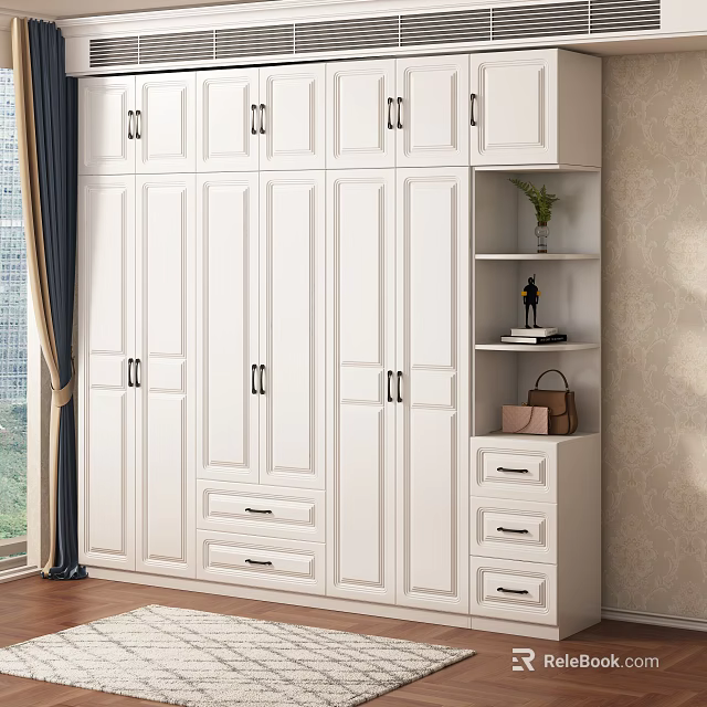 White Multi Door Wardrobe With Drawers Open Shelves And Decorative Items Interior Design 3d model 