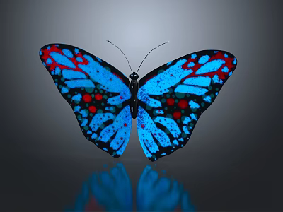 Blue And Red Spotted Butterfly With Spread Wings On Gray Background And Reflection 3d model