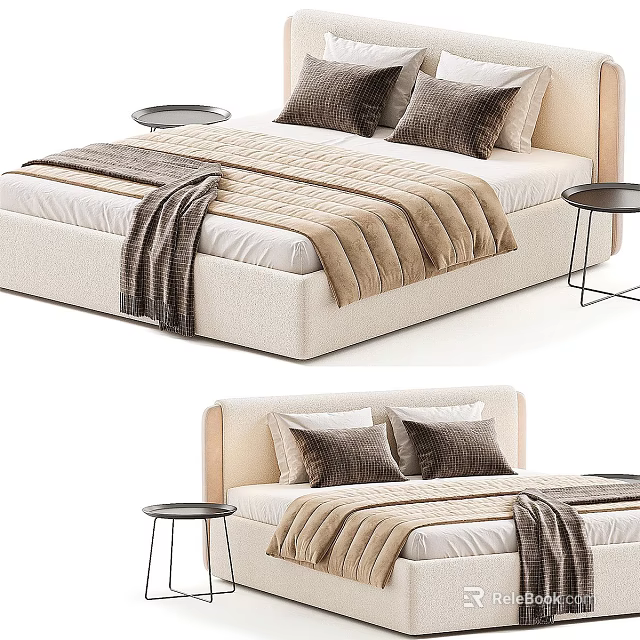 Modern Upholstered Double Bed With Brown Pillows Blanket And Side Tables 3d model 